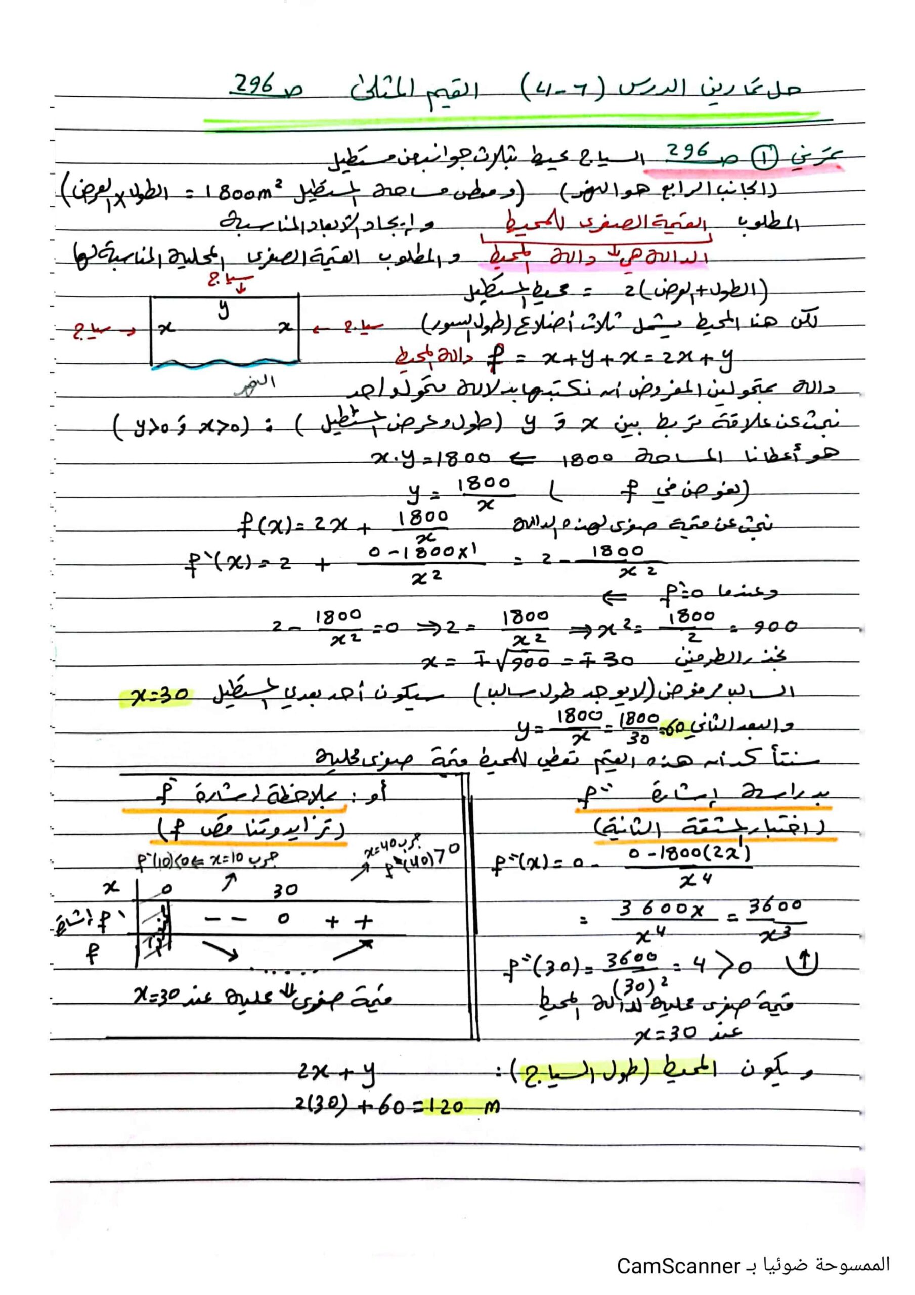 حل تمارين القيم المثلى الرياضيات المتكاملة الصف الثاني عشر