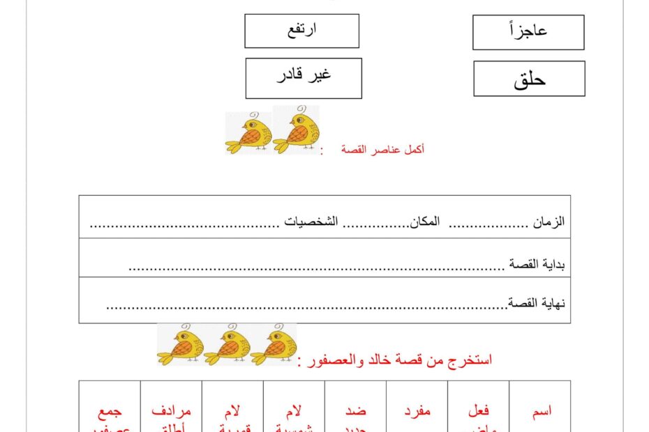 أوراق عمل خالد والعصفور اللغة العربية الصف الثاني