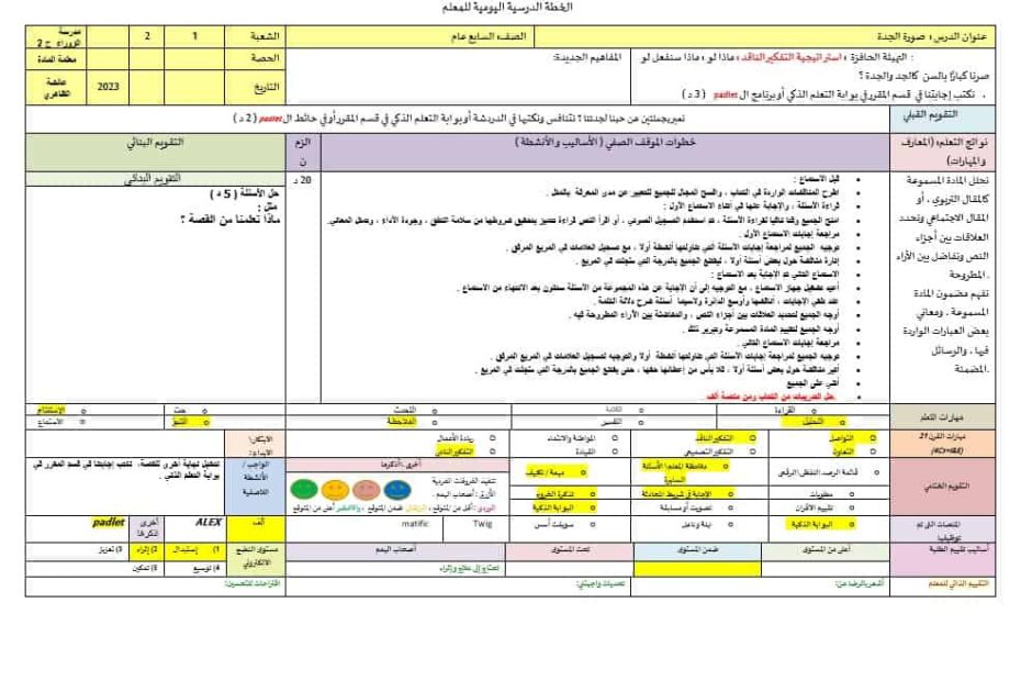 الخطة الدرسية اليومية صورة الجدة اللغة العربية الصف السابع