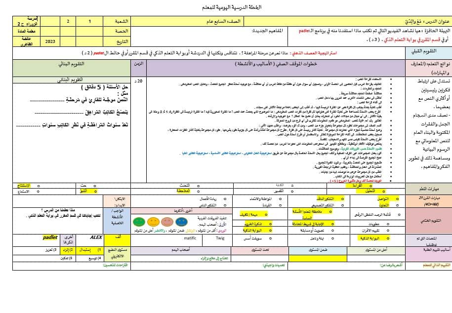 الخطة الدرسية اليومية مع والدي اللغة العربية الصف السابع
