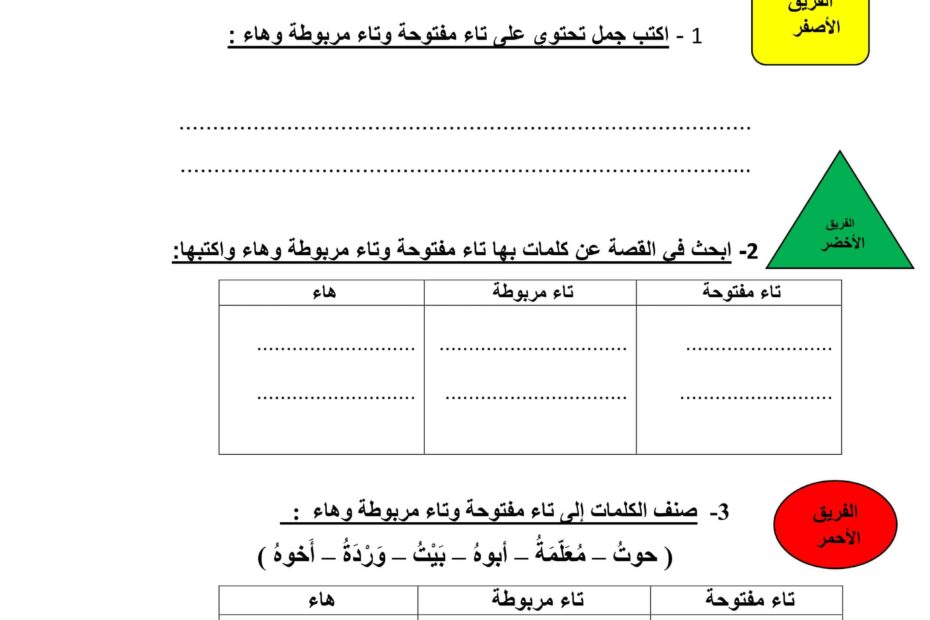 مهارة التاء المفتوحة والتاء المربوطة والهاء اللغة العربية الصف الثاني