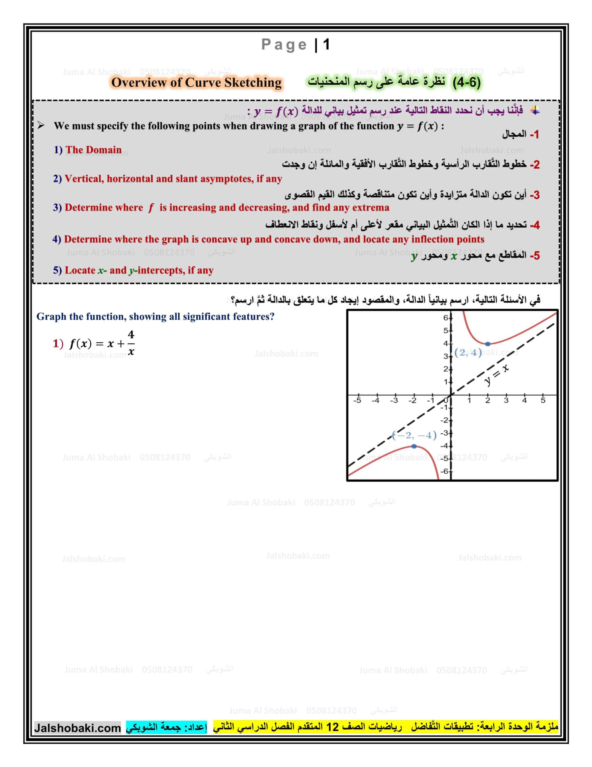 أوراق عمل نظرة عامة على رسم المنحنيات الرياضيات المتكاملة الصف الثاني عشر متقدم