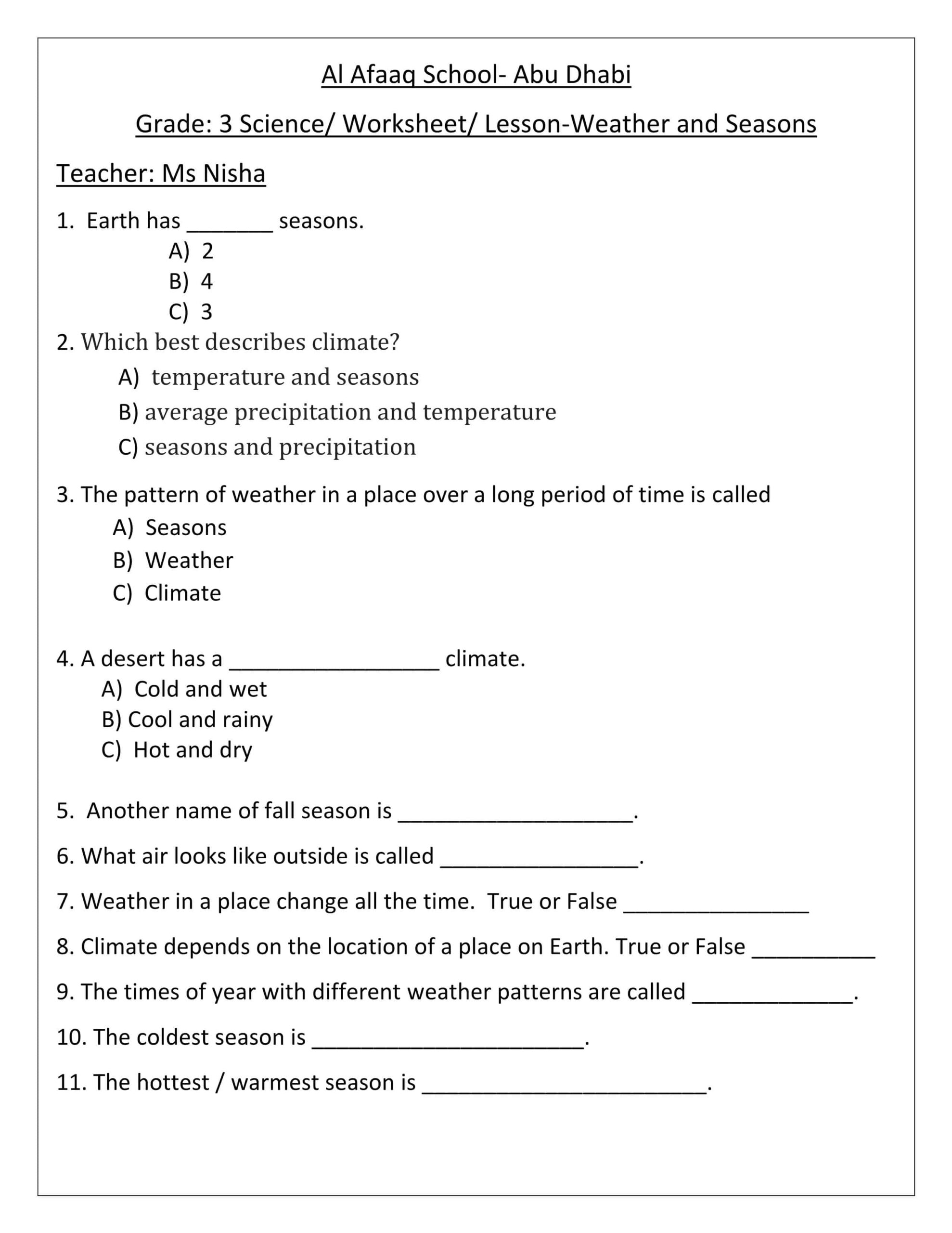 ورقة عمل درس Weather and Seasons العلوم المتكاملة الصف الثالث