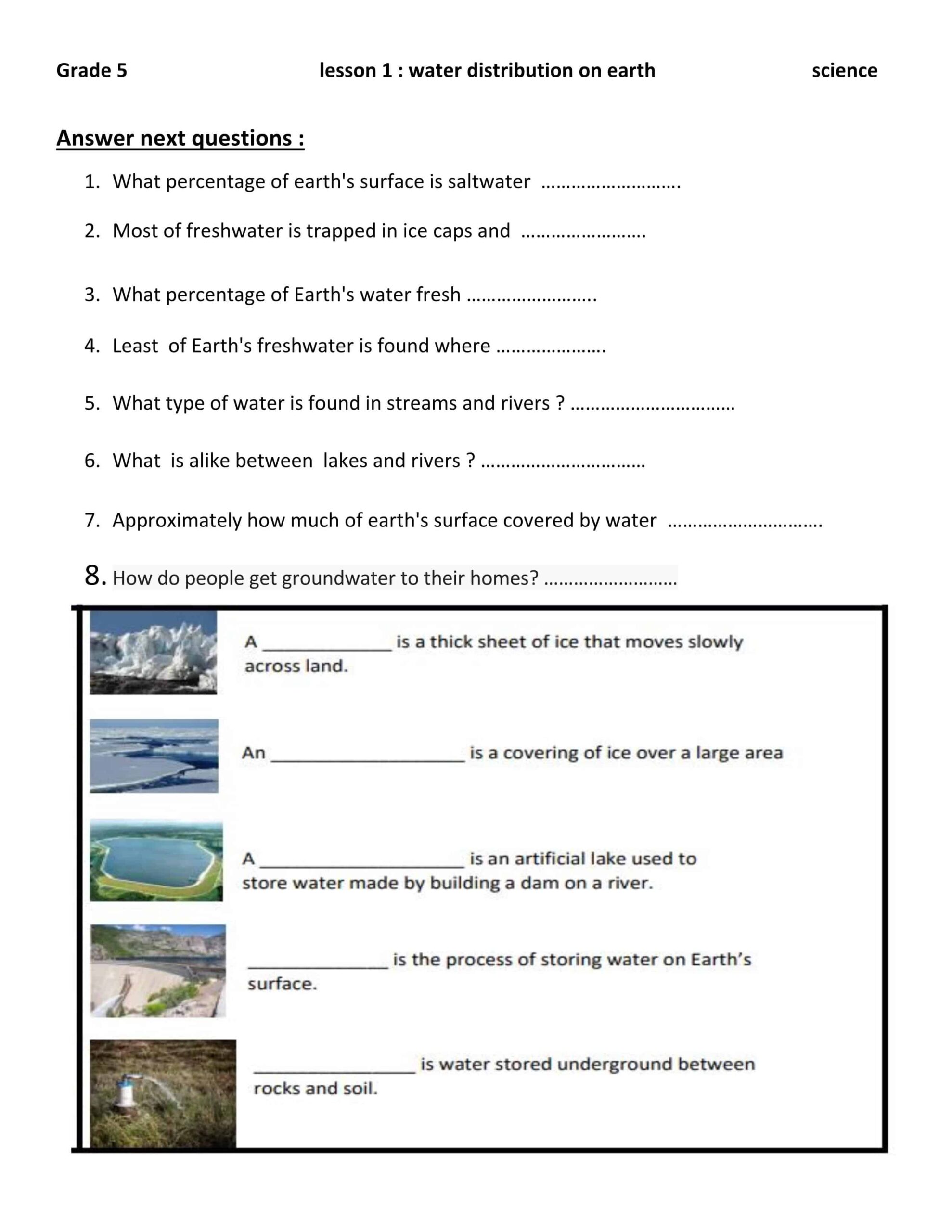 ورقة عمل water distribution on earth العلوم المتكاملة الصف الخامس