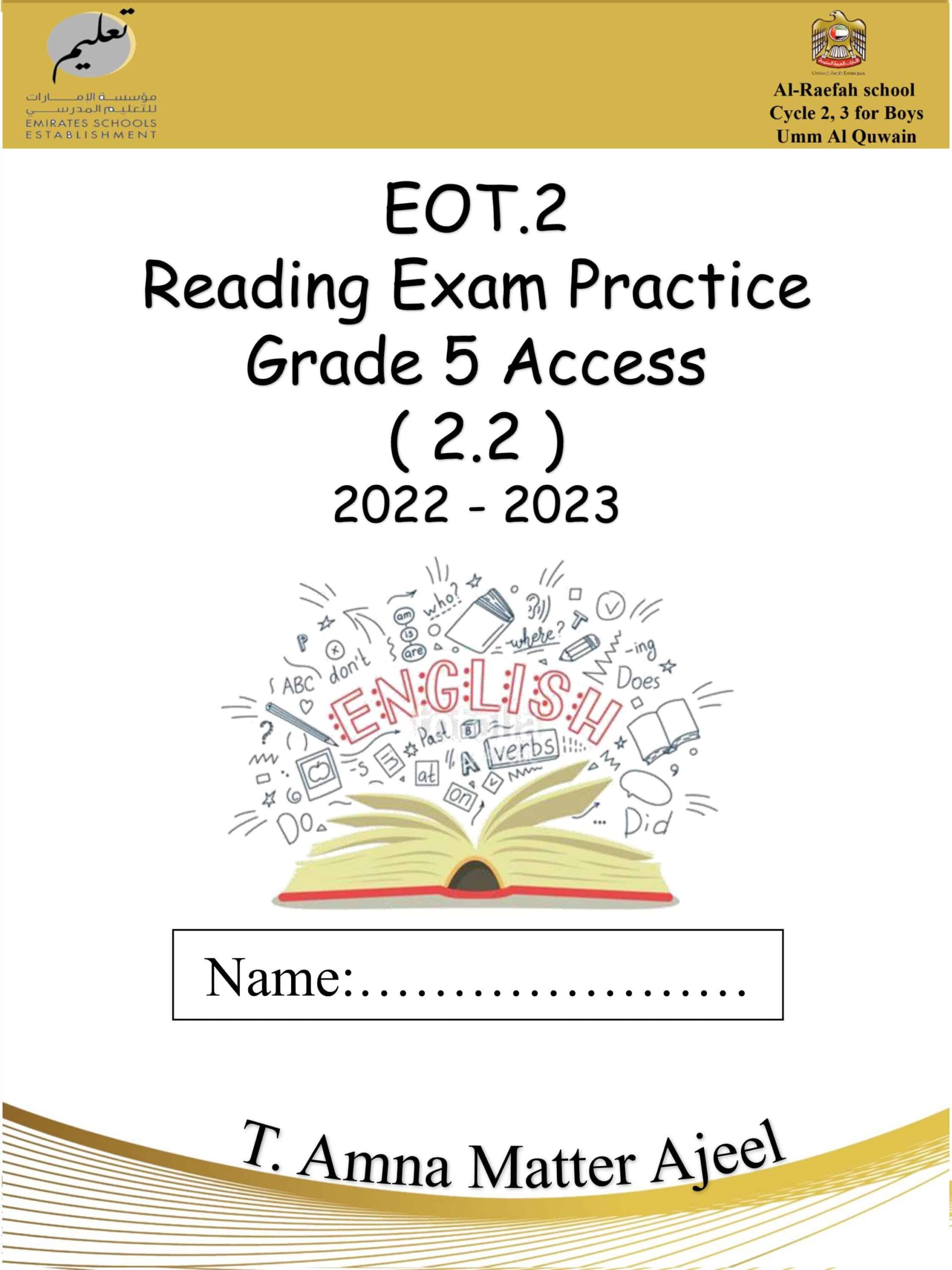 أوراق عمل Reading Exam Practice اللغة الإنجليزية الصف الخامس Access