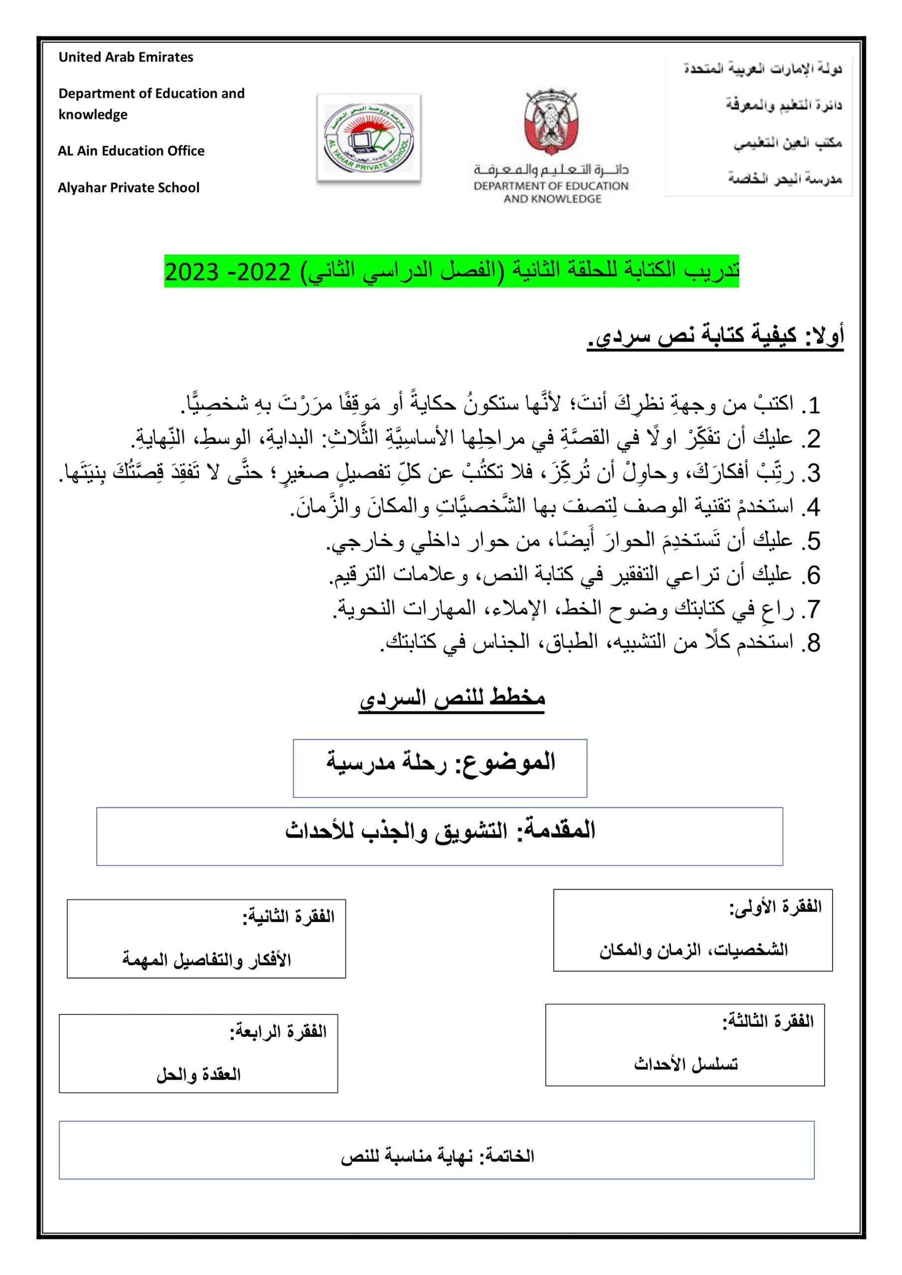 أوراق عمل تدريب الكتابة اللغة العربية الصف الخامس والسادس والسابع والثامن 