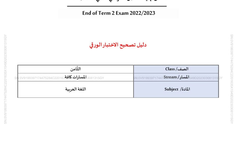 دليل تصحيح الاختبار الورقي اللغة العربية الصف الثامن الفصل الدراسي الثاني 2022-2023
