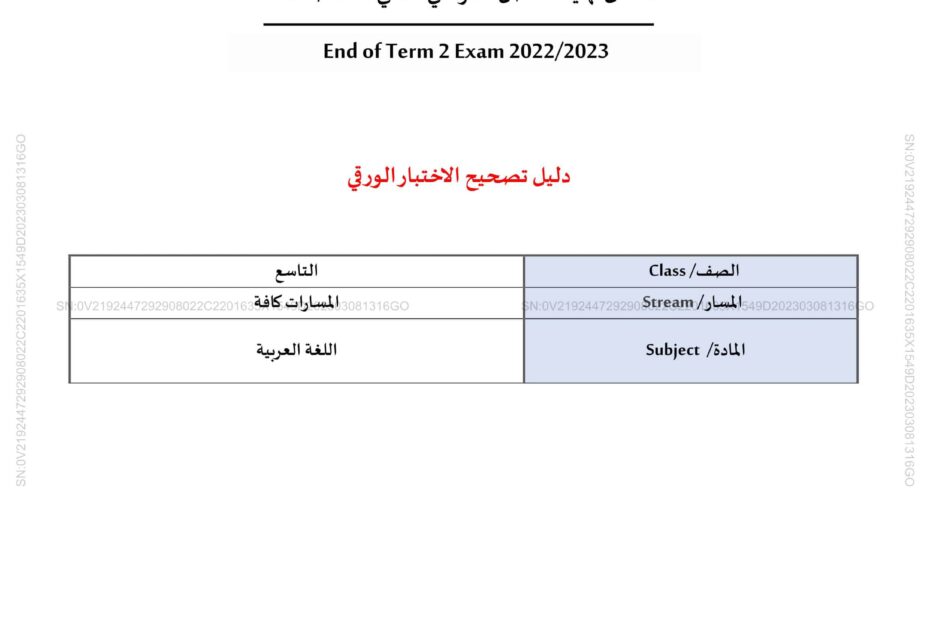 دليل تصحيح الاختبار الورقي اللغة العربية الصف التاسع الفصل الدراسي الثاني 2022-2023