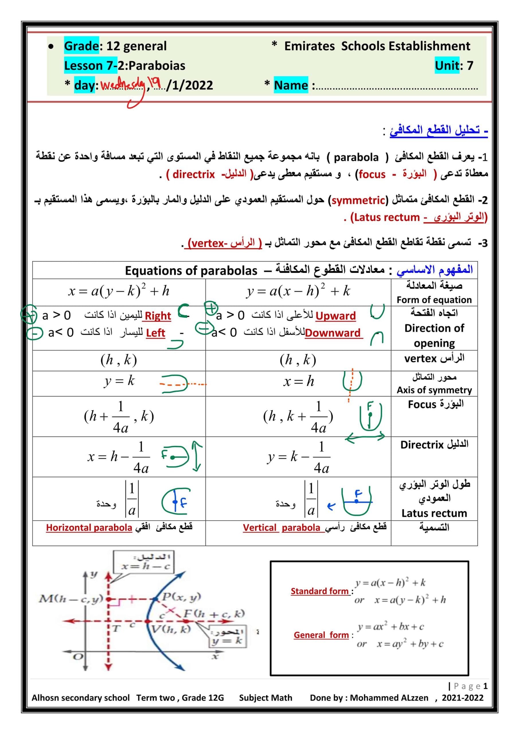حل أوراق عمل Paraboias الرياضيات المتكاملة الصف الثاني عشر عام