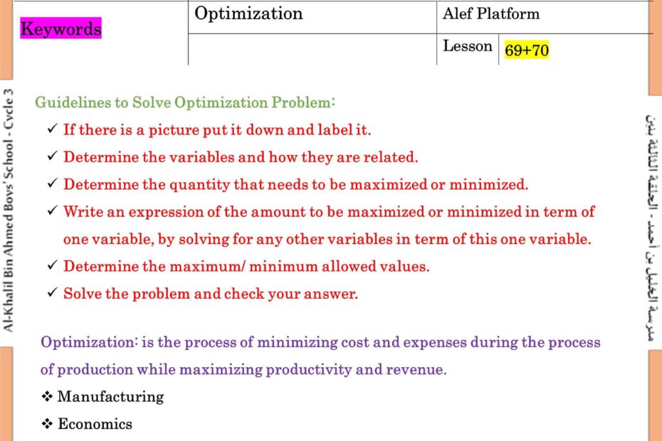 حل أوراق عمل Optimization الرياضيات المتكاملة الصف الثاني عشر متقدم