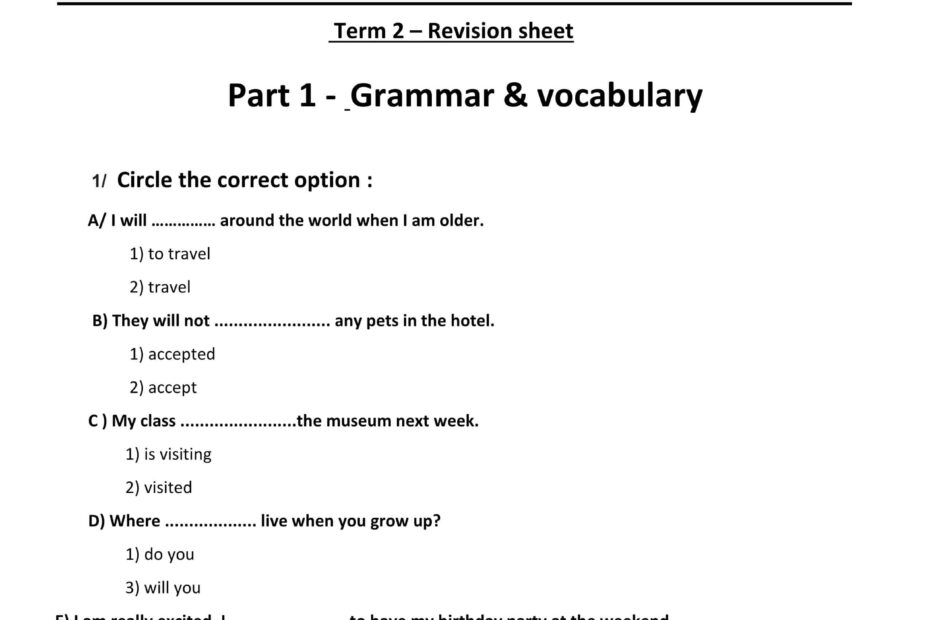 مراجعة Grammar & vocabulary اللغة الإنجليزية الصف الخامس