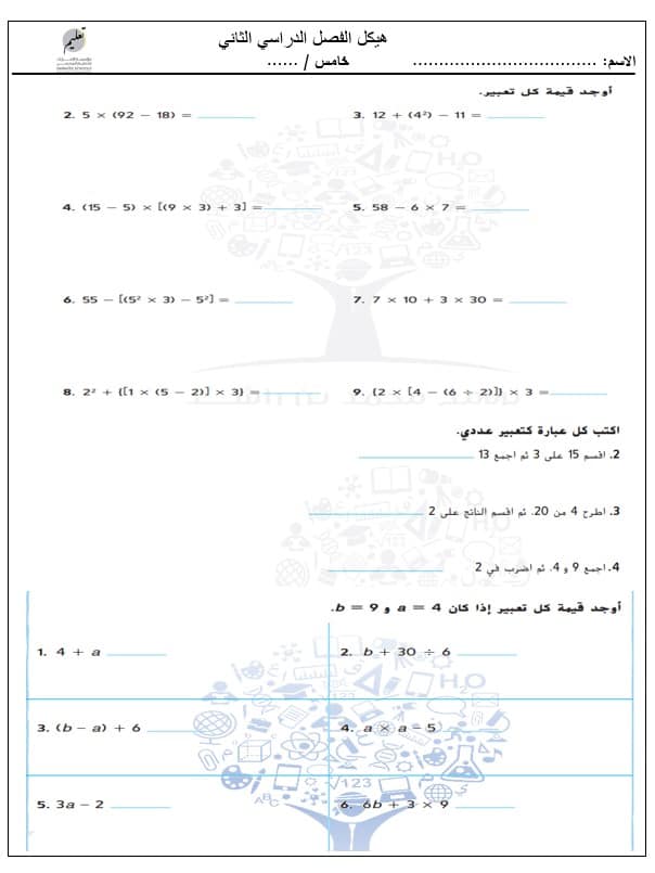 أوراق عمل نموذج هيكلة امتحان الرياضيات المتكاملة الصف الخامس - بوربوينت 