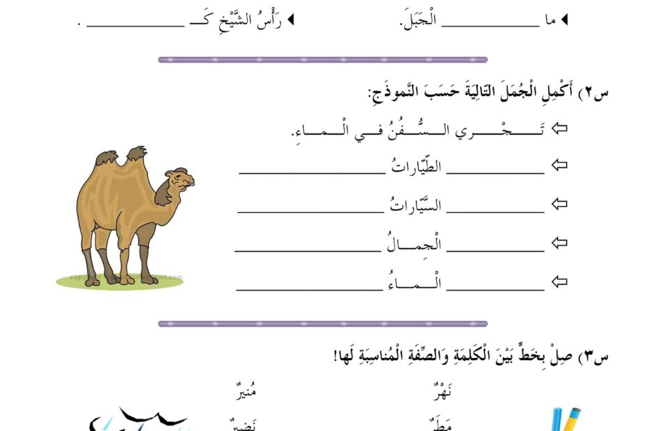 ورقة عمل إكمال وكتابة جمل اللغة العربية الصف الثاني