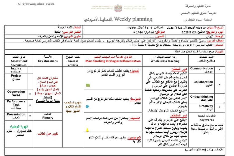 التخطيط الأسبوعي الأسبوع الأول الفصل الثالث اللغة العربية الصف الثاني