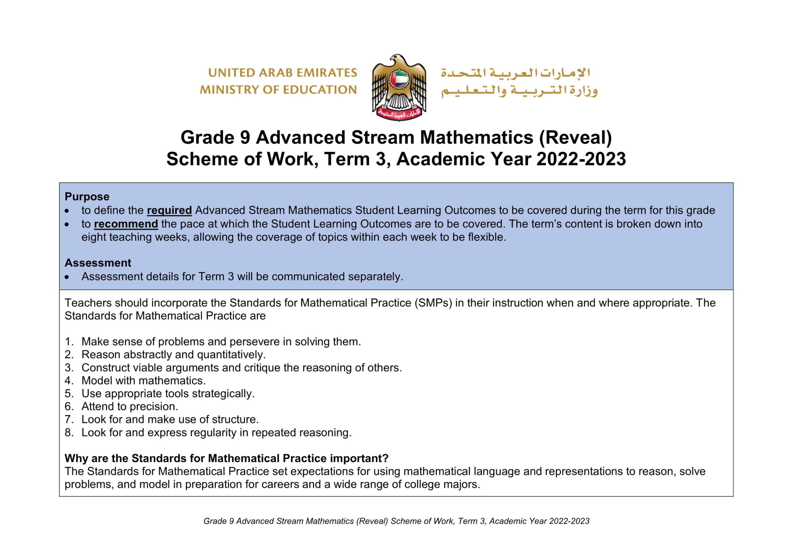 الخطة الفصلية الرياضيات المتكاملة الصف التاسع متقدم Reveal الفصل الدراسي الثالث 2022-2023