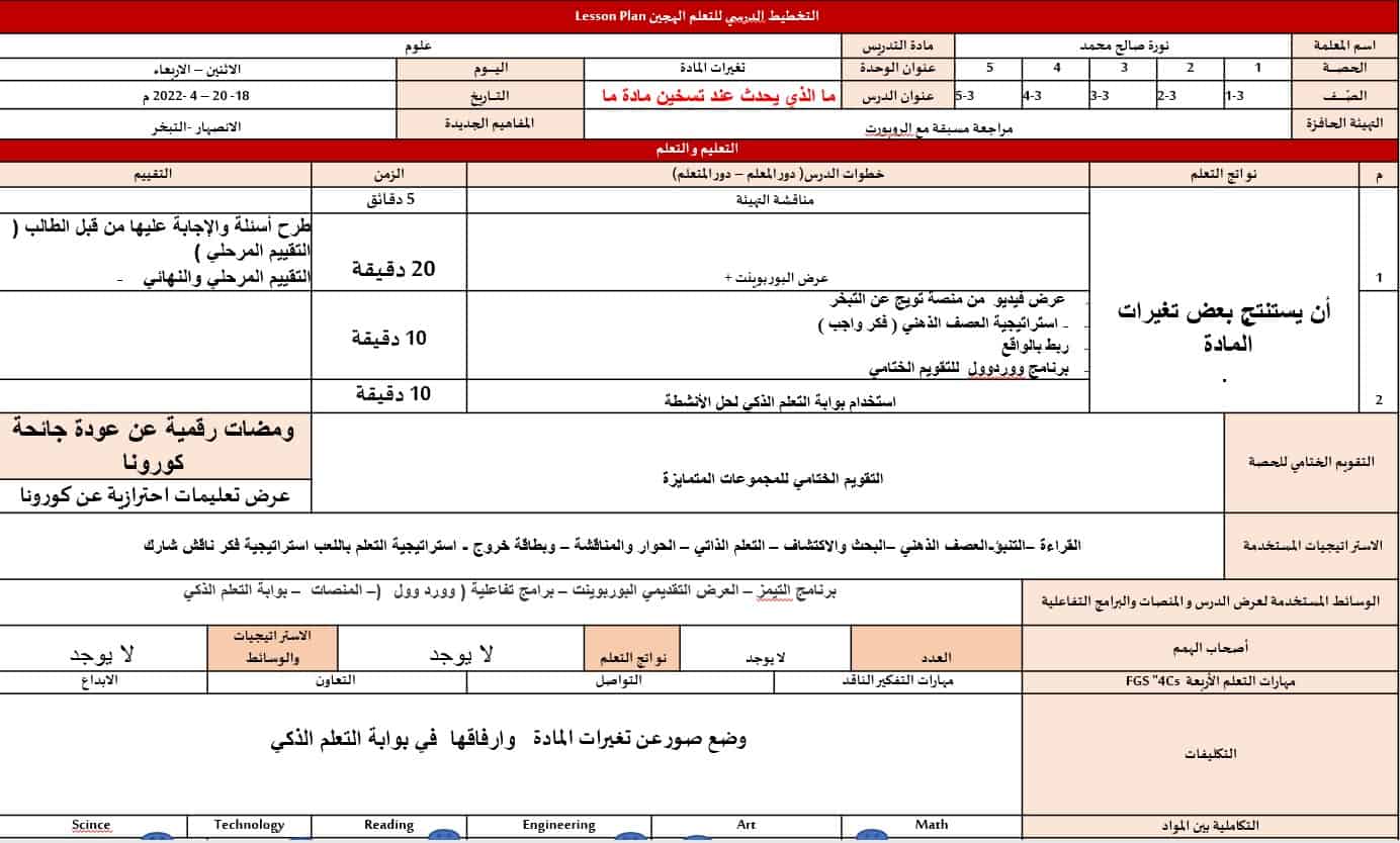 الخطة الدرسية اليومية ما الذي يحدث عند تسخين مادة ما العلوم المتكاملة الصف الثالث - بوربوينت