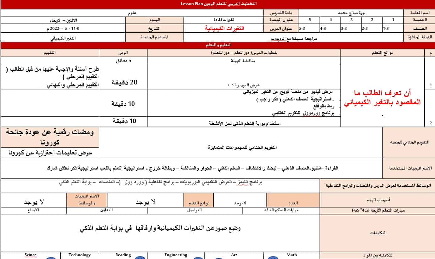 الخطة الدرسية اليومية الأسبوع الثالث التغيرات الكيميائية العلوم المتكاملة الصف الثالث - بوربوينت