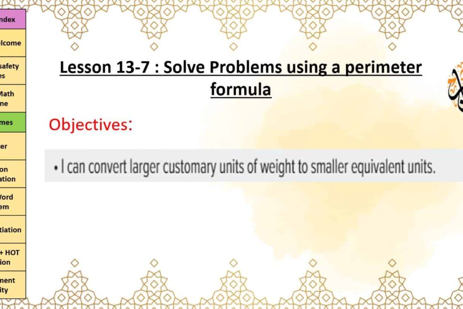 درس Solve Problems using a perimeter formulae الرياضيات المتكاملة الصف الرابع - بوربوينت
