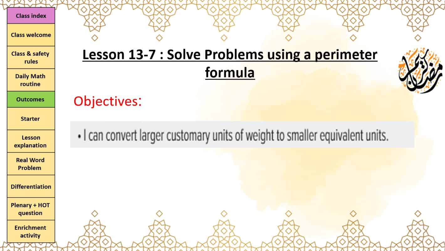 درس Solve Problems using a perimeter formulae الرياضيات المتكاملة الصف الرابع - بوربوينت