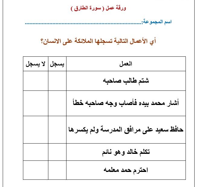 أوراق عمل سورة الطارق التربية الإسلامية الصف الرابع