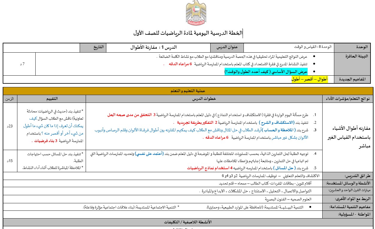 الخطة الدرسية اليومية الوحدة الثامنة القياس و الوقت الرياضيات المتكاملة الصف الأول