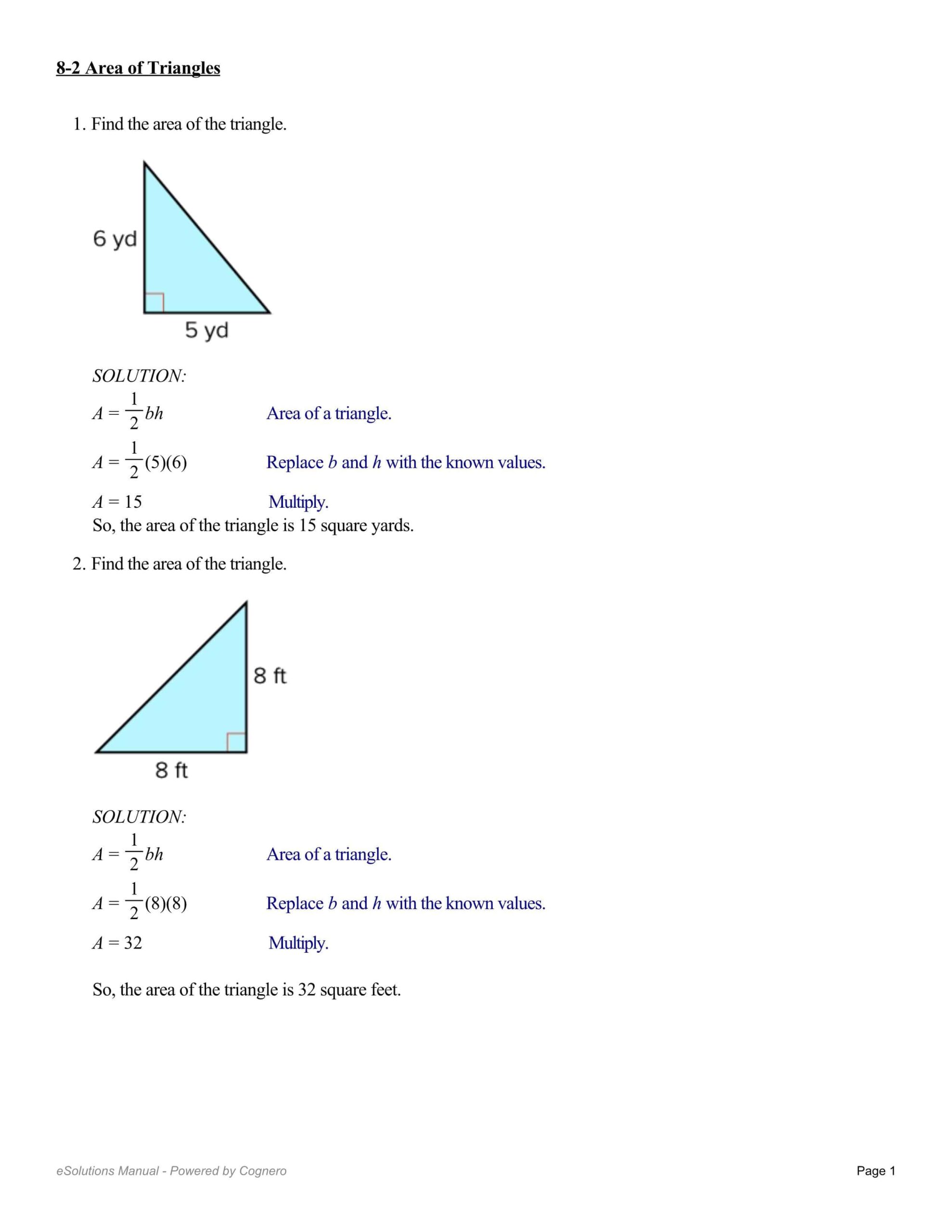 حل أوراق عمل Area of Triangles الرياضيات المتكاملة الصف السادس