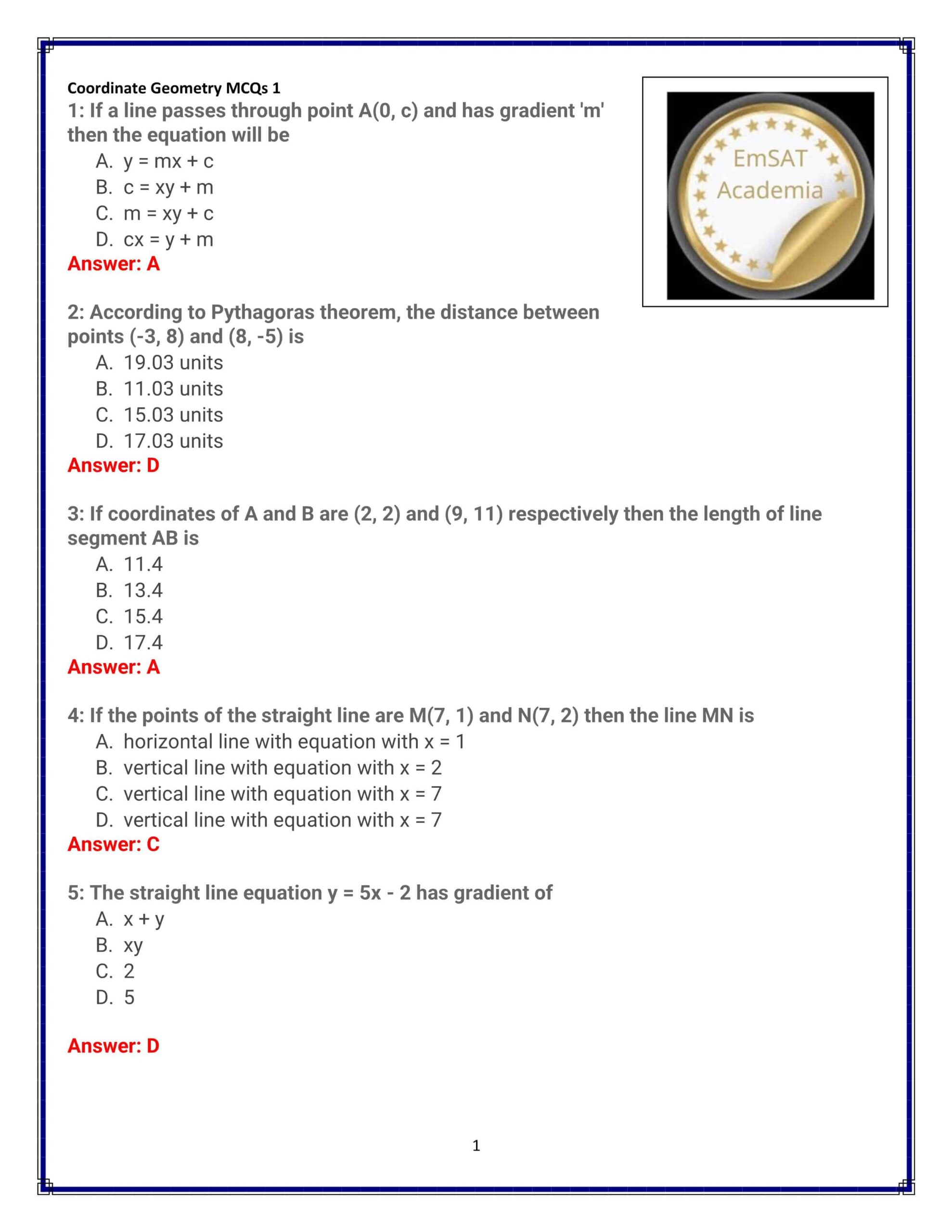 حل أوراق عمل Coordinate Geometry الرياضيات المتكاملة الصف الثاني عشر