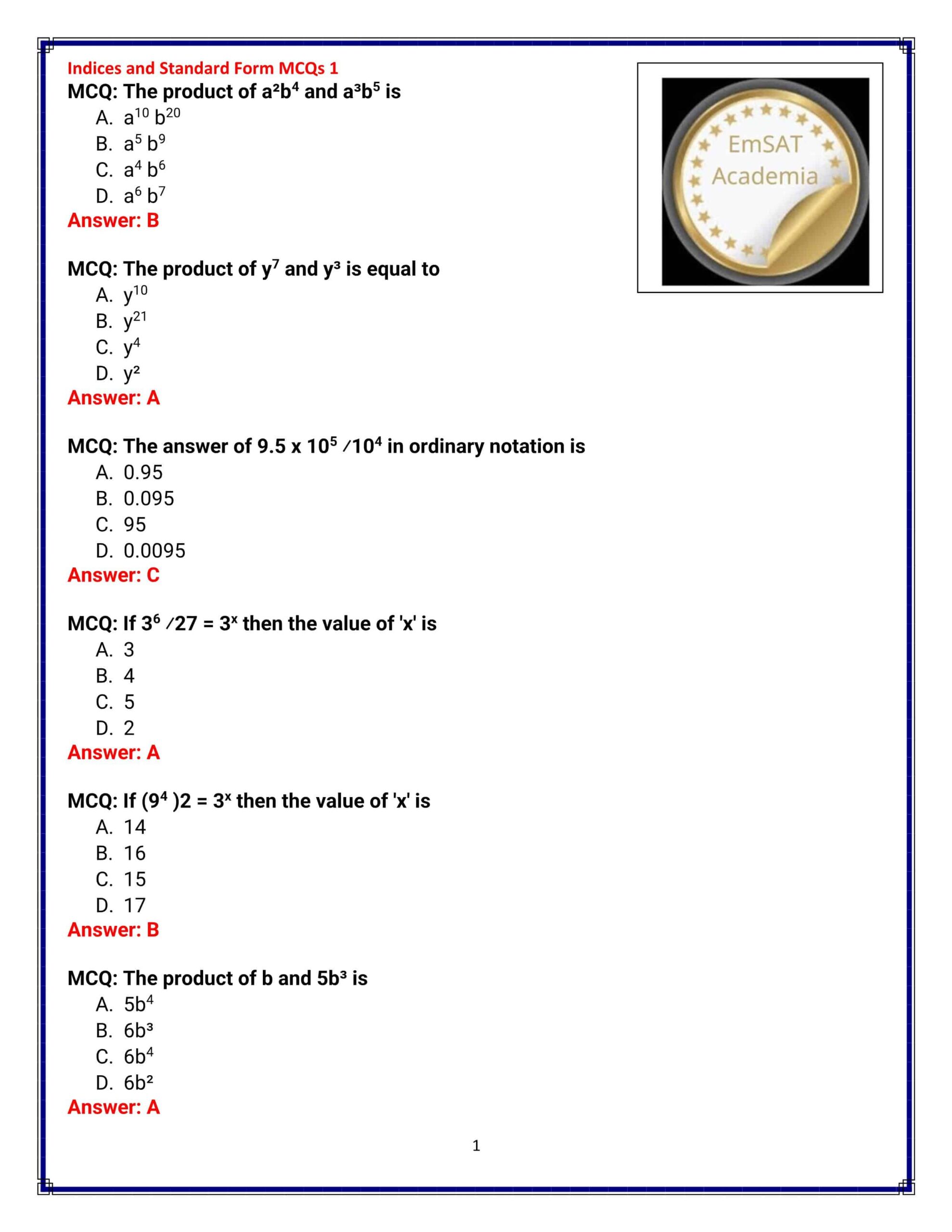 حل أوراق عمل Indices and Standard Form الرياضيات المتكاملة الصف الثاني عشر
