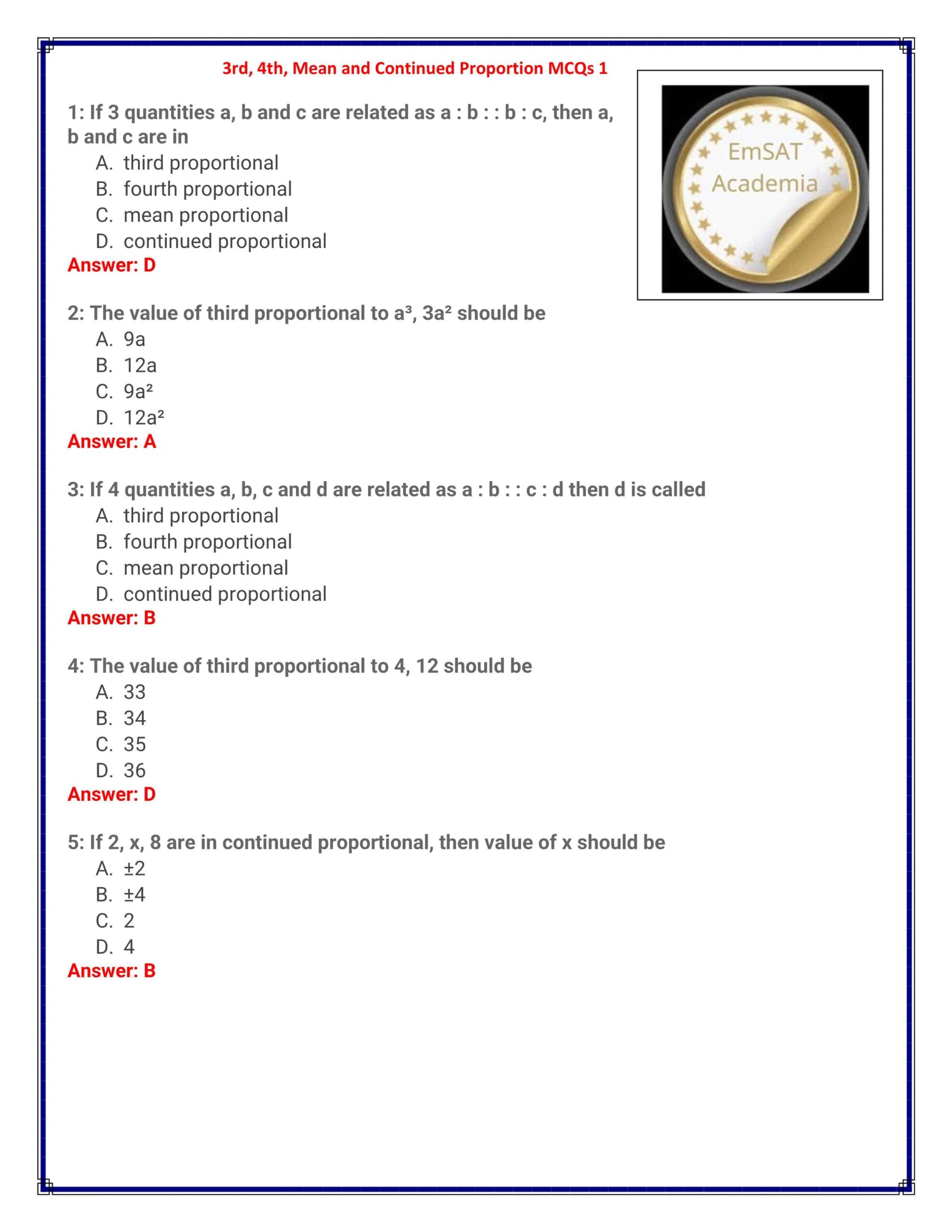 حل أوراق عمل Mean and Continued Proportion الرياضيات المتكاملة الصف الثاني عشر