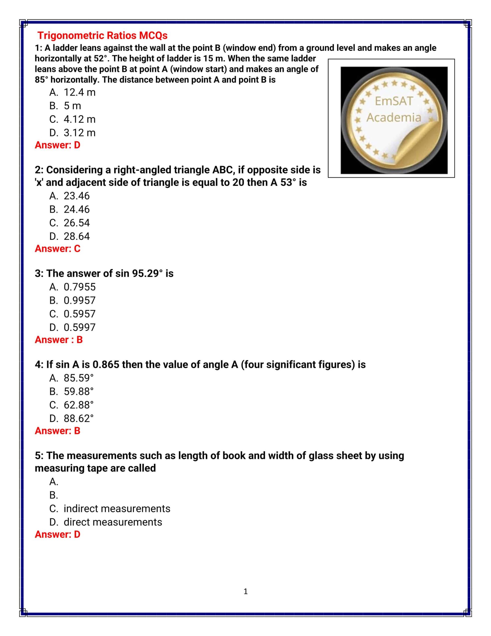 حل أوراق عمل Trigonometric Ratios الرياضيات المتكاملة الصف الثاني عشر
