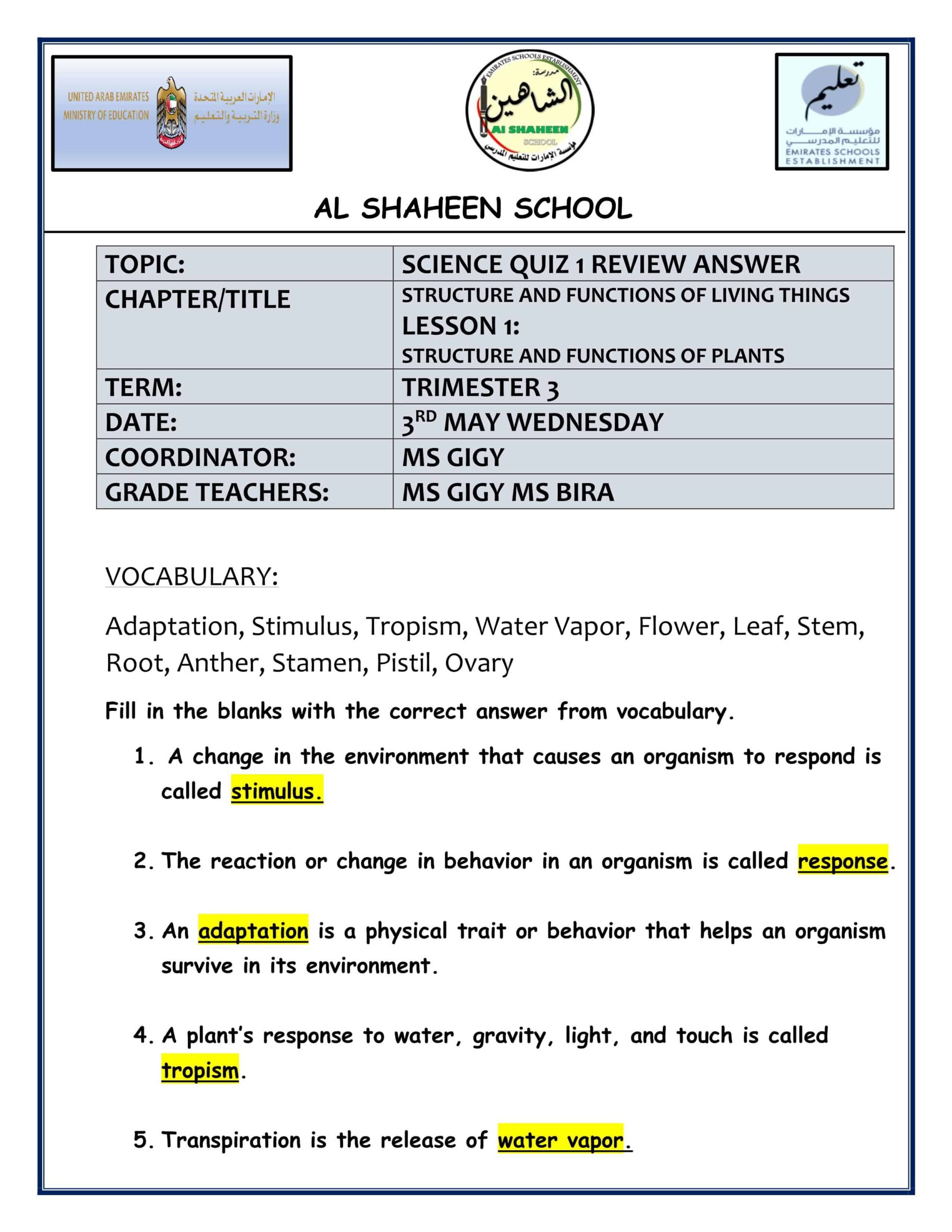 حل ورقة عمل STRUCTURE AND FUNCTIONS OF PLANTS العلوم المتكاملة الصف الرابع 