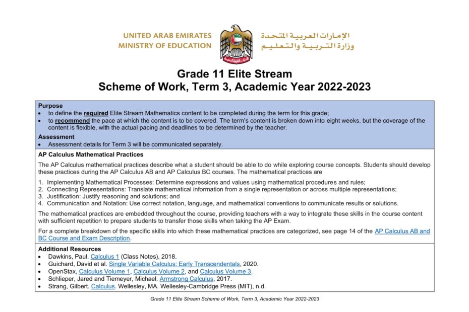 الخطة الفصلية الرياضيات المتكاملة الصف الحادي عشر Elite الفصل الدراسي الثالث 2022-2023