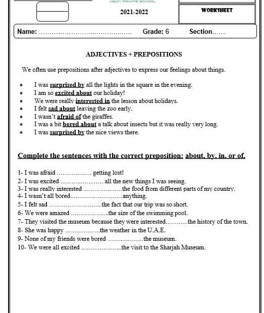 ورقة عمل ADJECTIVES & PREPOSITIONS اللغة الإنجليزية الصف السادس