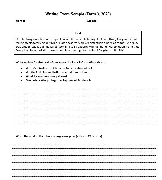 نموذج Writing Exam Sample اللغة الإنجليزية الصف السادس
