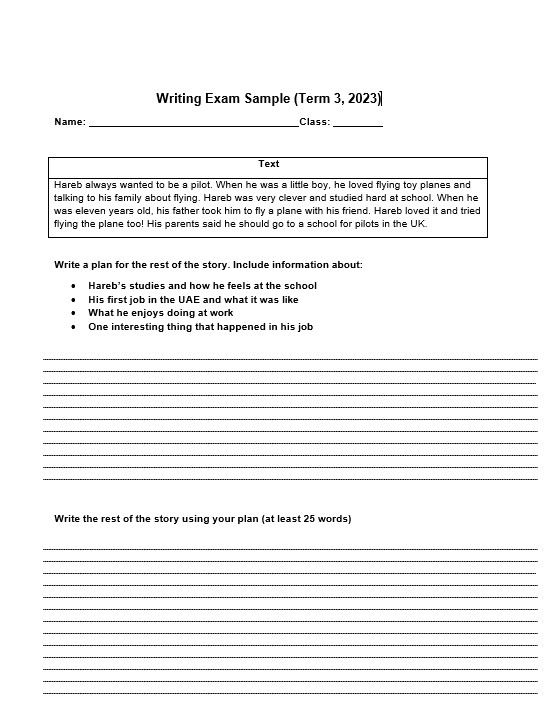 نموذج Writing Exam Sample اللغة الإنجليزية الصف السادس