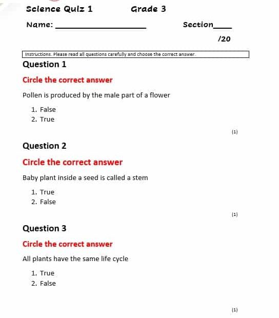 أوراق عمل Quiz 1 العلوم المتكاملة الصف الثالث