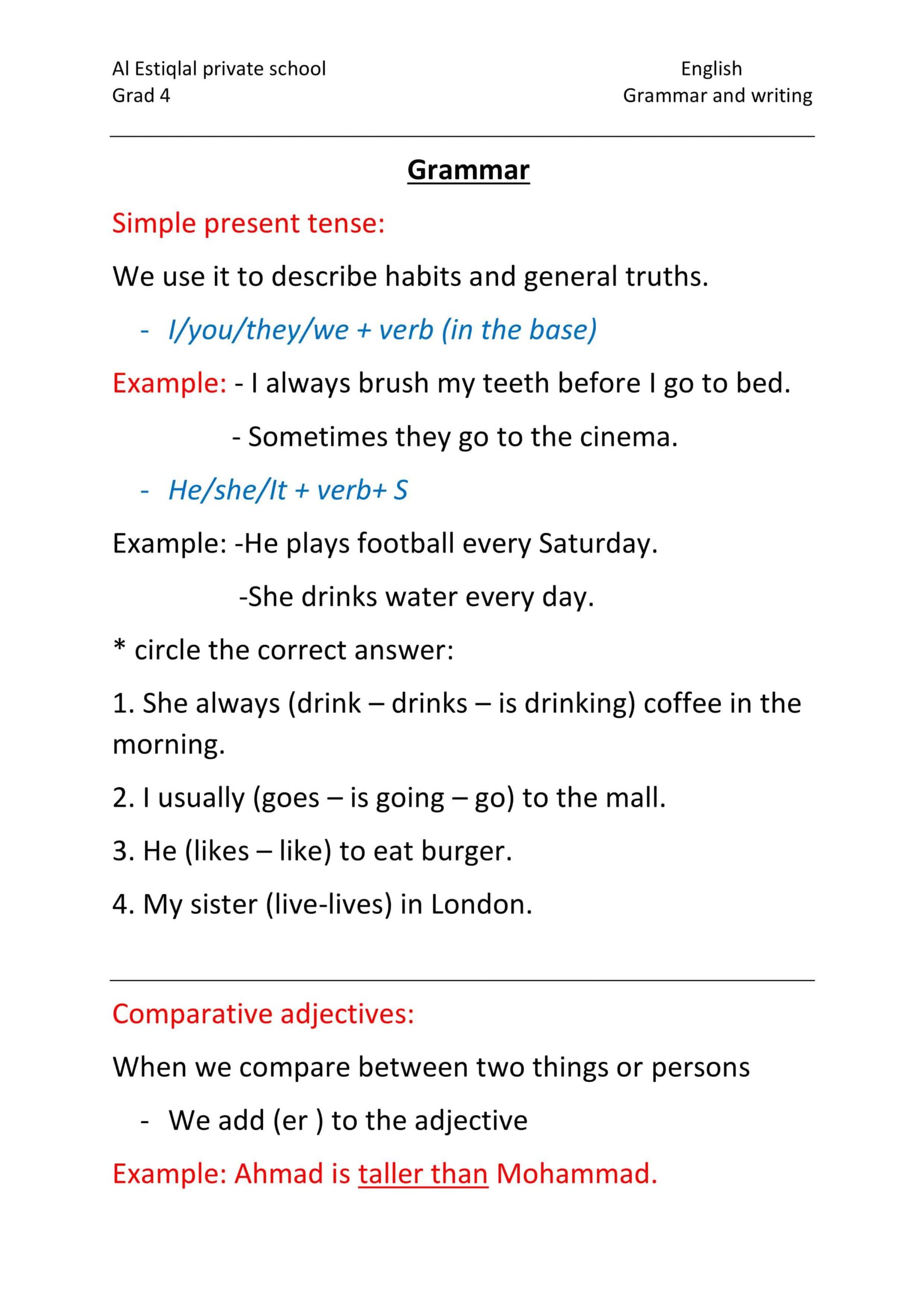 أوراق عمل Grammar and writing اللغة الإنجليزية الصف الرابع 