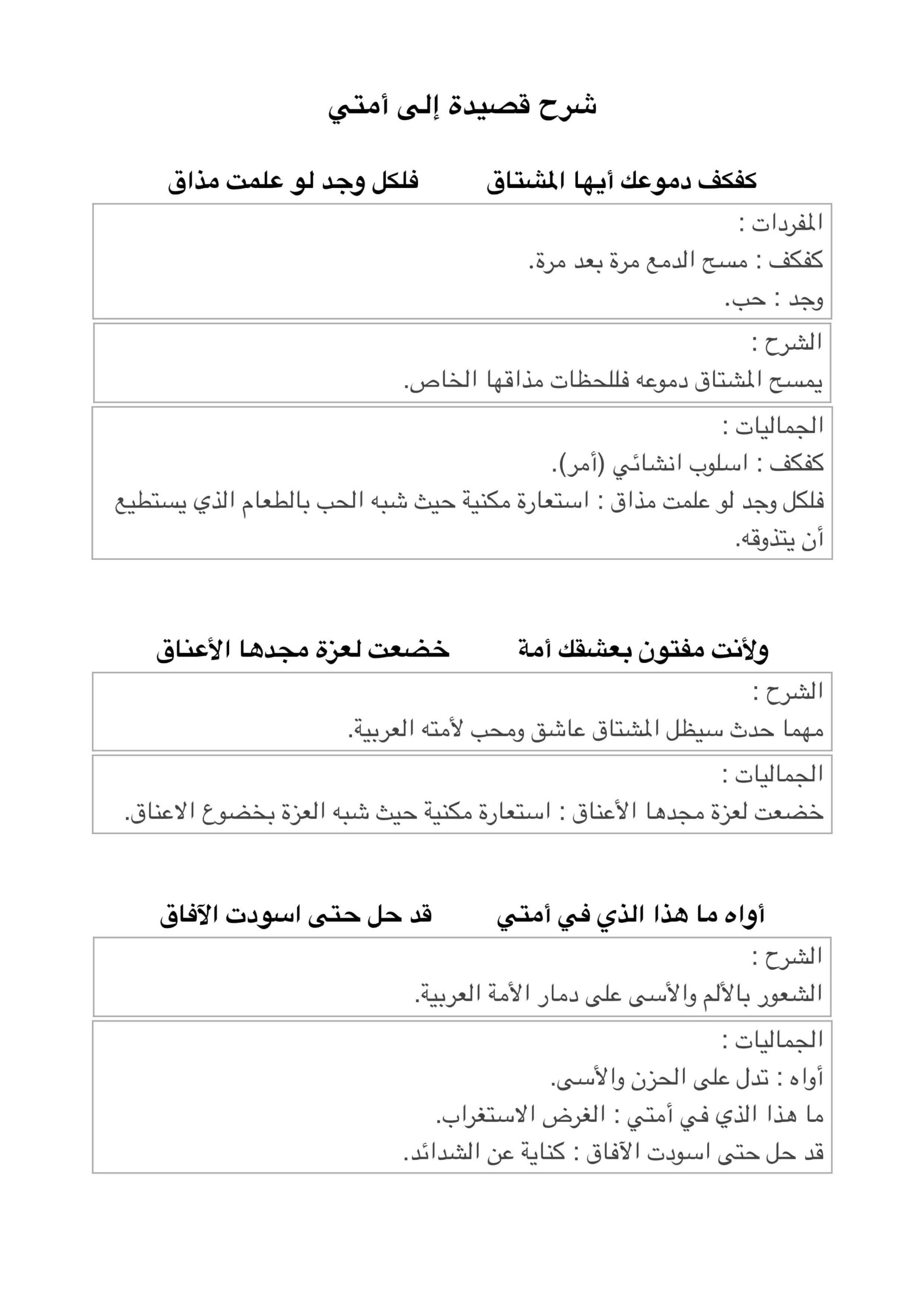 شرح قصيدة إلى أمتي اللغة العربية الصف الحادي عشر
