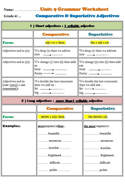 ورقة عمل Comparative & Superlative Adjectives اللغة الإنجليزية الصف الرابع