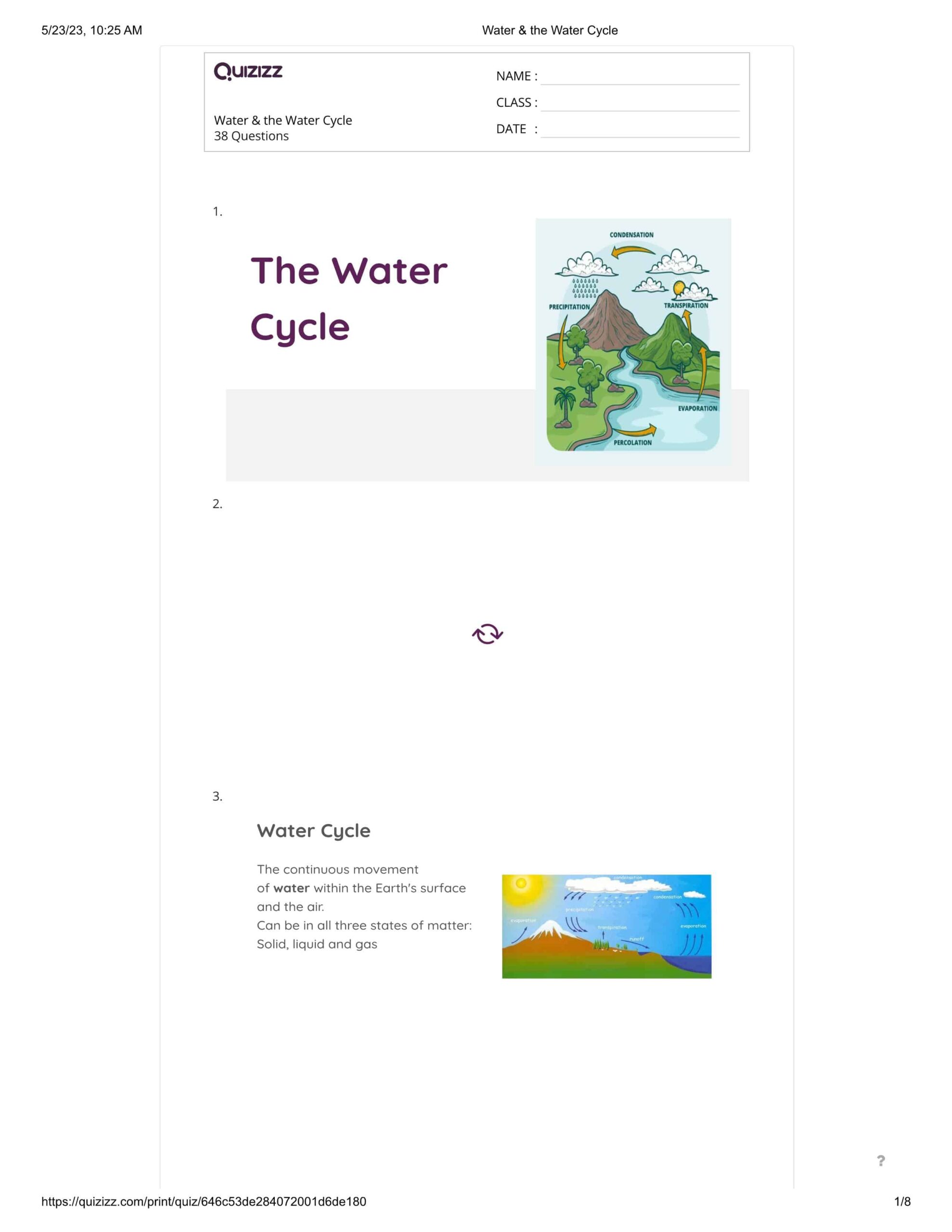أوراق عمل The Water Cycle العلوم المتكاملة الصف الخامس Inspire
