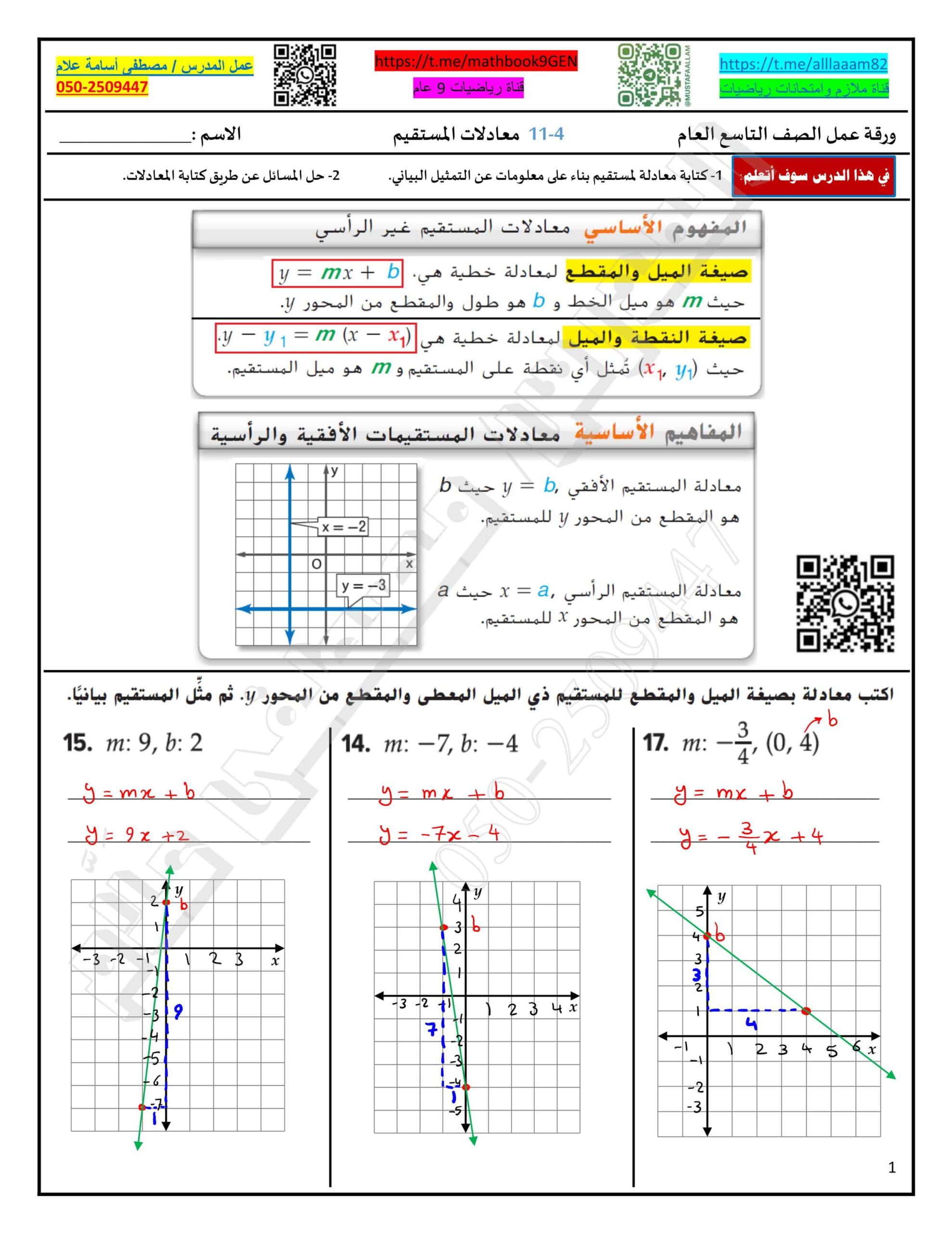 حل ورقة عمل معادلات المستقيم الرياضيات المتكاملة الصف التاسع عام