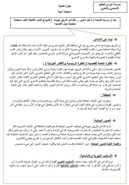 مهارة كتابية استجابة أدبية اللغة العربية الصف الثاني عشر