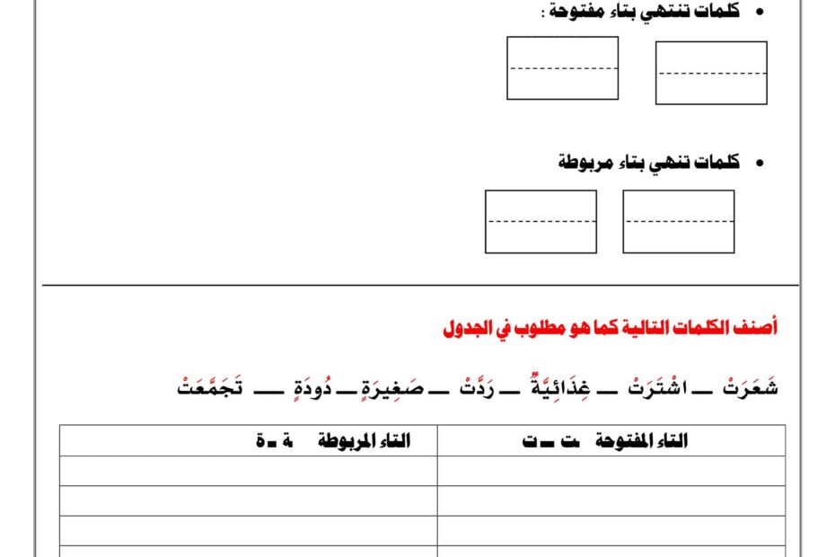 ورقة عمل التاء المفتوحة والتاء المربوطة اللغة العربية الصف الثاني