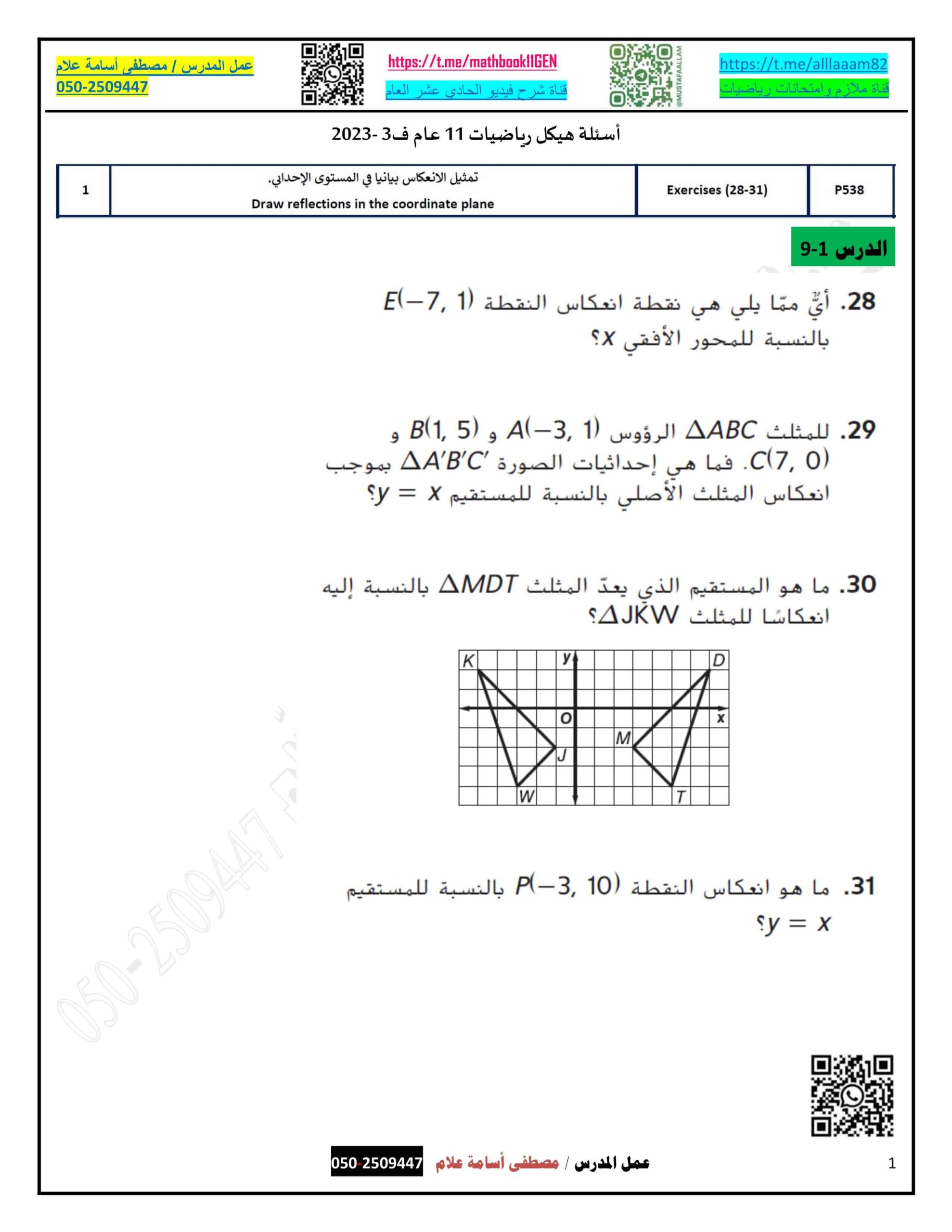 حل أسئلة هيكلة امتحان الرياضيات المتكاملة الصف الحادي عشر عام