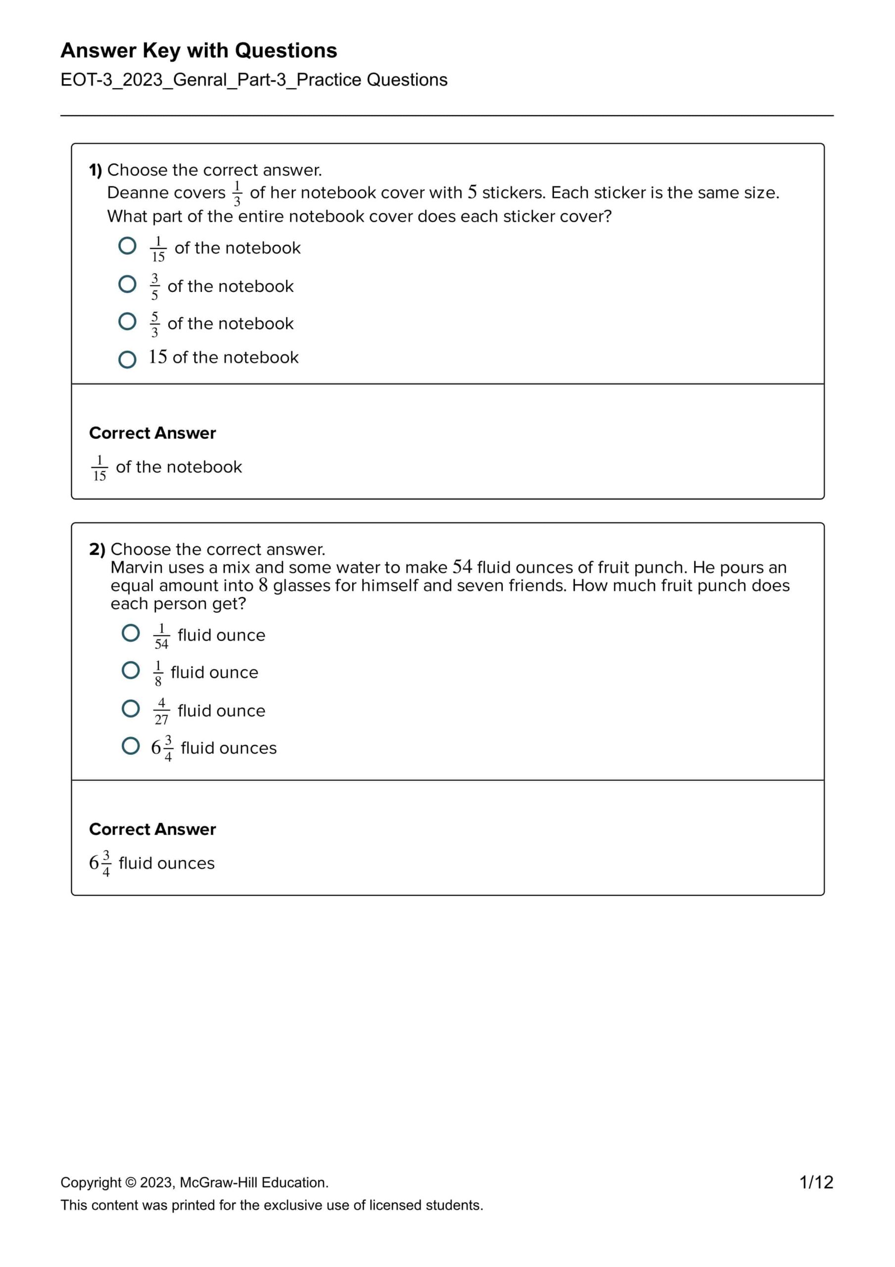 حل تدريبات Practice Questions الرياضيات المتكاملة الصف الخامس Reveal