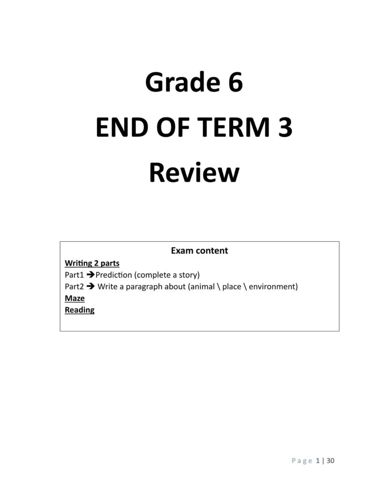 أوراق عمل Review اللغة الإنجليزية الصف السادس
