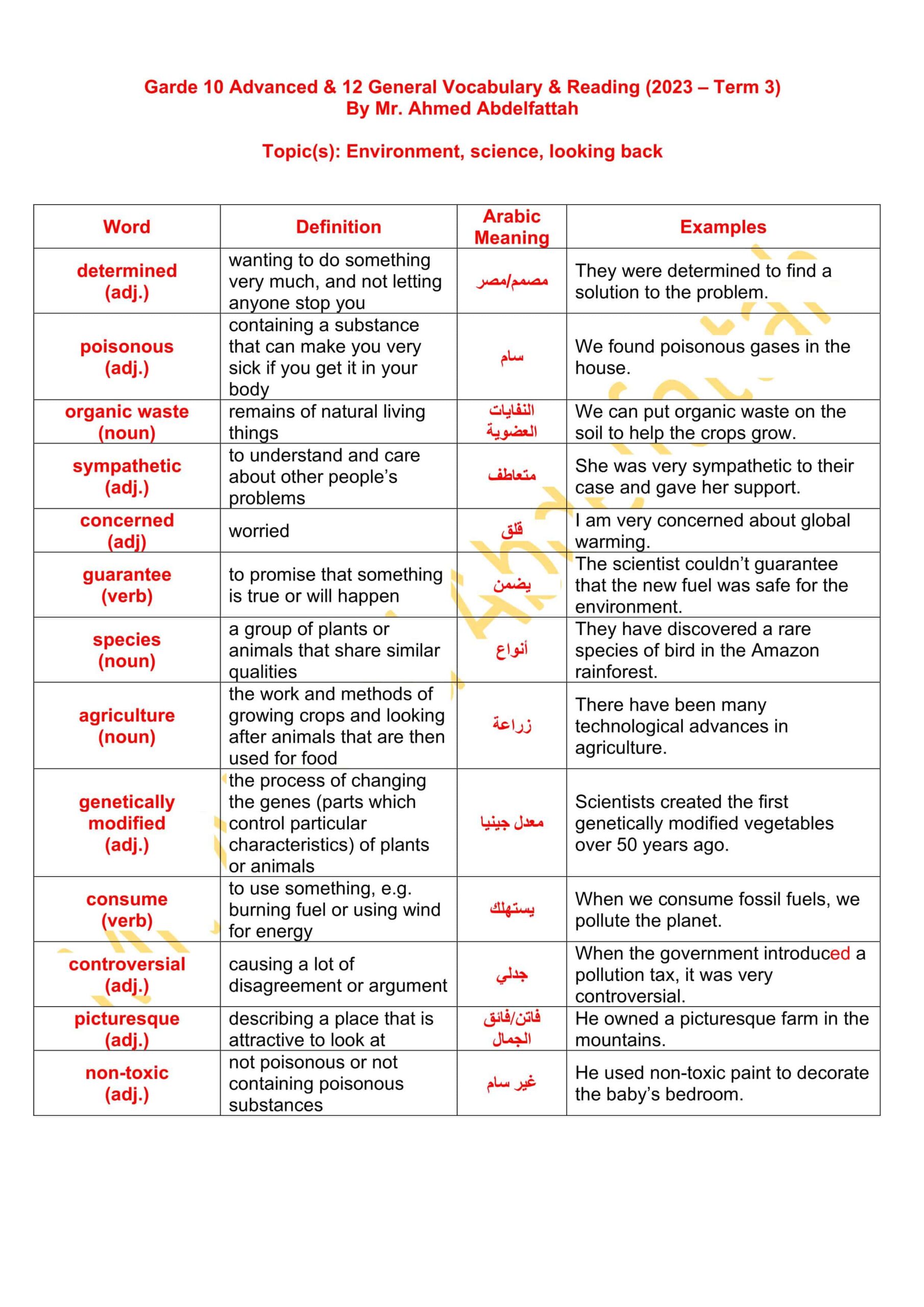 مراجعة Vocabulary & Reading اللغة الإنجليزية الصف الثاني عشر عام