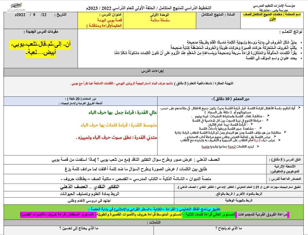 الخطة الدرسية الأسبوعية الأسبوع الثالث المنهج المتكامل الصف الأول - بوربوينت