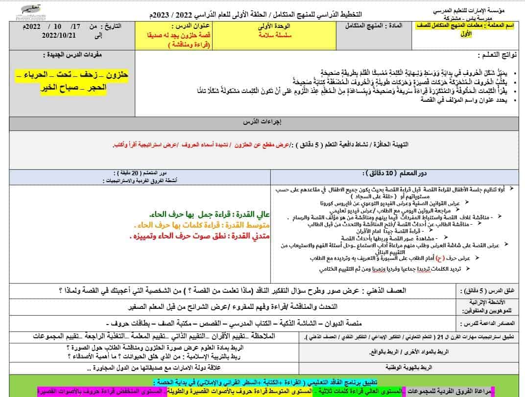 الخطة الدرسية الأسبوعية الأسبوع الثامن المنهج المتكامل الصف الأول - بوربوينت