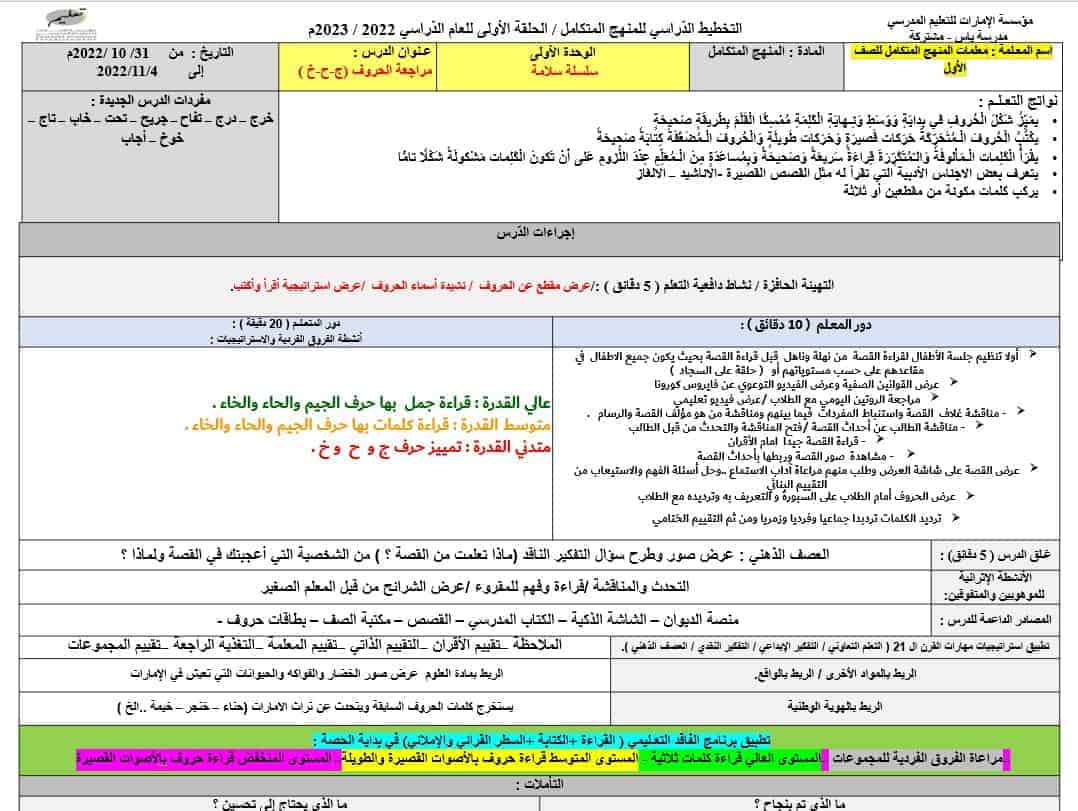 الخطة الدرسية الأسبوعية الأسبوع العاشر المنهج المتكامل الصف الأول - بوربوينت